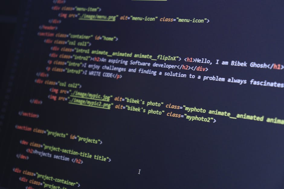 A computer screen displaying a code editor with HTML code, including tags such as <!DOCTYPE html>, <html>, <head>, and <body>. The code features a title related to CSS and stylesheet links, with diffe